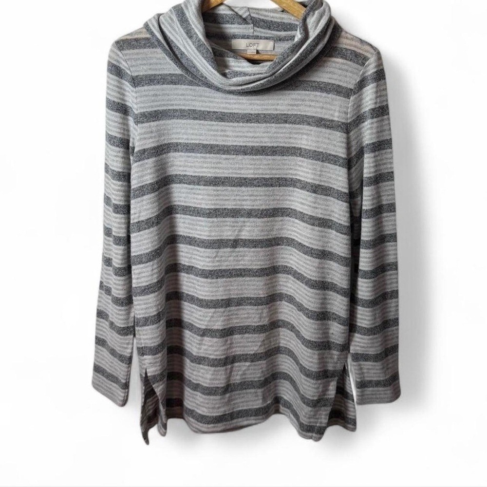 LOFT Gray + White Striped Cowl Neck Women's Sweater Size Medium